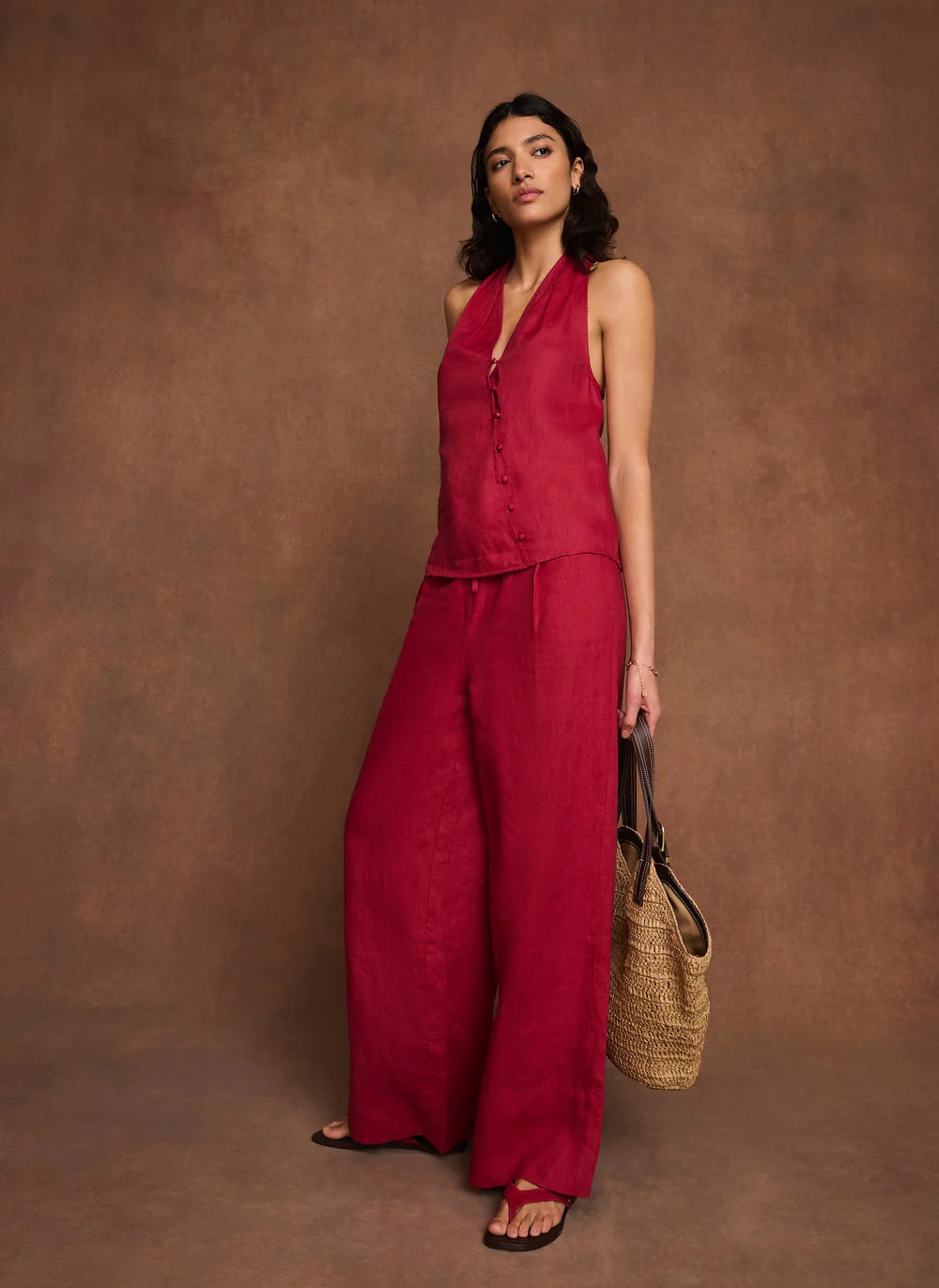 Red Linen Drawstring Wide Leg Trousers | Mint Velvet