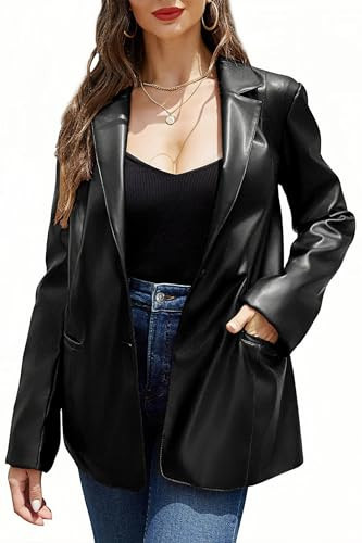 RISISSIDA Women Faux Leather Blazer Jacket Black X-S | Amazon (US)