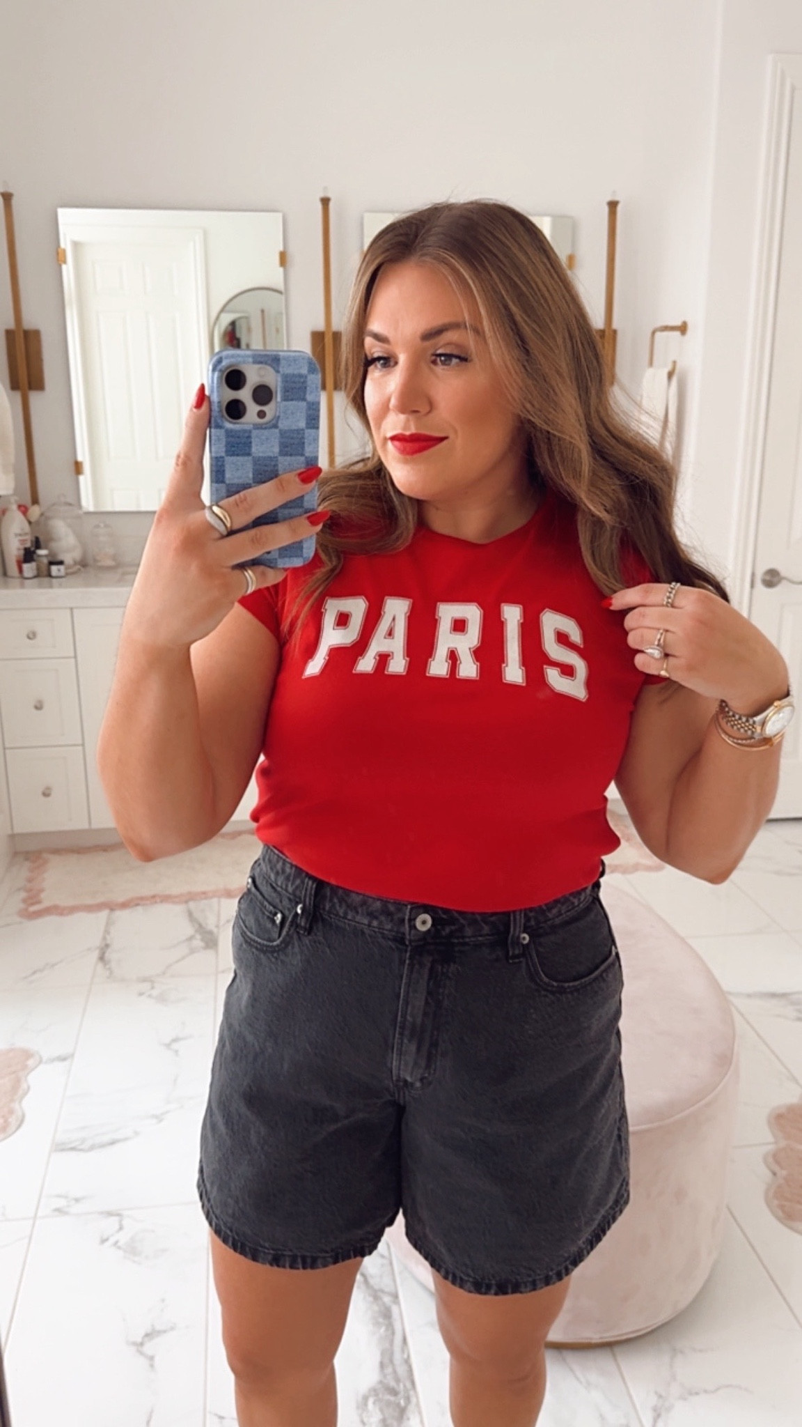 curvy fall transitional outfit! wearing size xl in red Paris tee, size large in red striped cardigan, and size 32 in black washed shorts 

#LTKSeasonal #LTKMidsize #LTKFindsUnder50