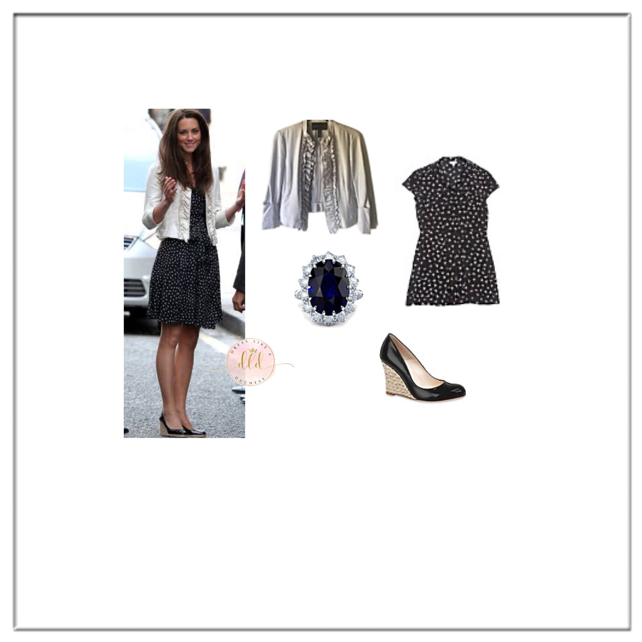 Kate Middleton April 28, 2011 at the Goring Hotel the night before her wedding in a BCBG ruffle jacket + Issa London bird print black and white button up skort dress + LK Bennett patent wedges 