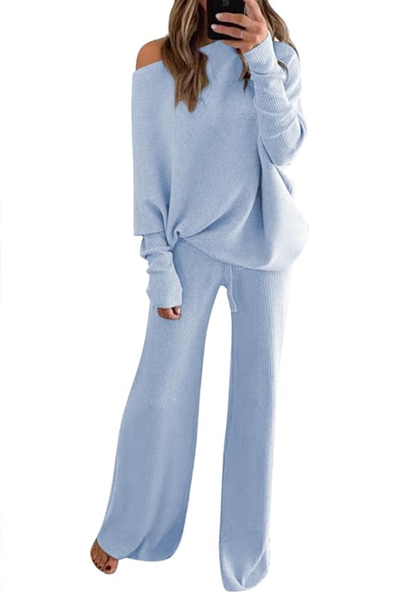 Fixmatti Women Knitted Outfits High Neck Sweater Wide Leg Pant Set 2 Pieces Sweatsuit | Amazon (US)