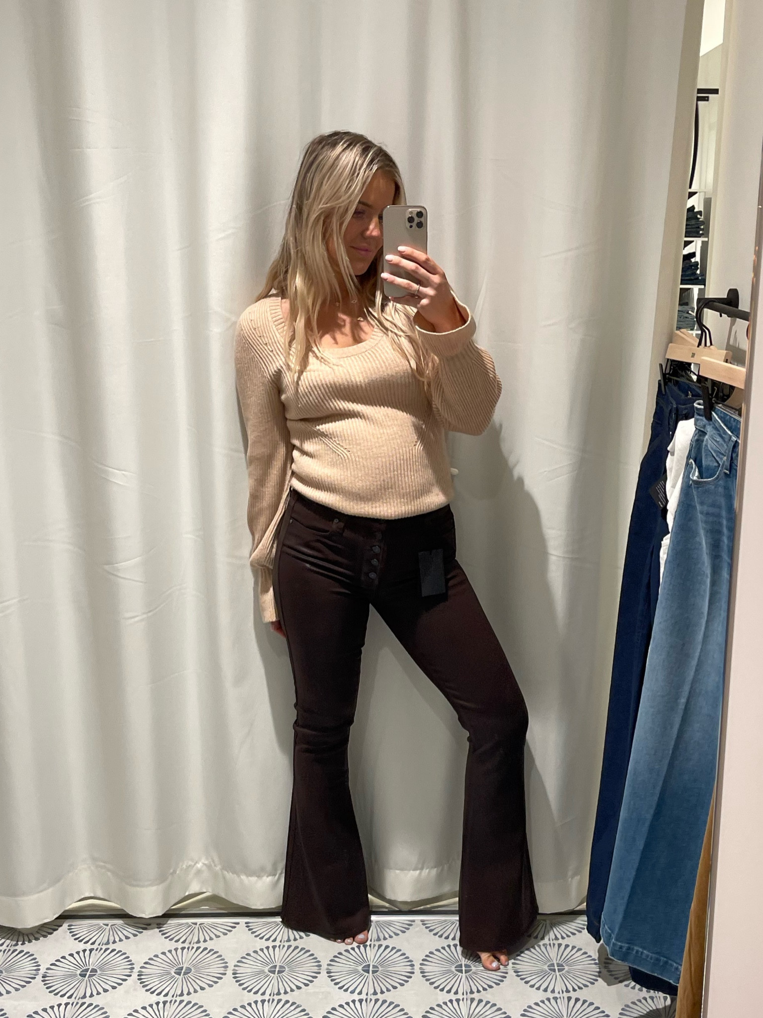 Neutral outfit, autumnal colours, Paige outfit, cashmere jumper, statement sleeve, brown flared trousers, autumn outfit, transitional style, jumper season, cosy style, mirror selfie 

#LTKstyletip #LTKSeasonal #LTKeurope