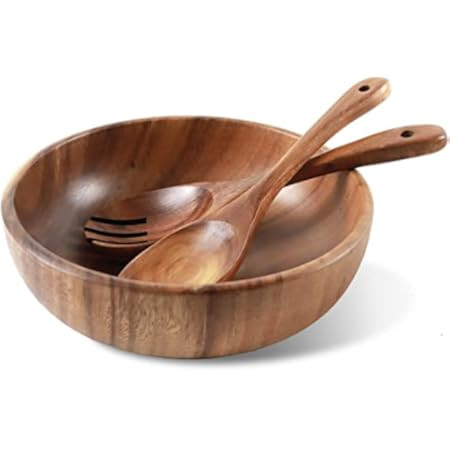 Holymood Wooden Salad Bowl Set with Servers, 9.2 Inch Solid Acacia Salad Serving Bowl with Fork and  | Amazon (US)