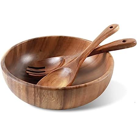 Holymood Wooden Salad Bowl Set with Servers, 9.2 Inch Solid Acacia Salad Serving Bowl with Fork and  | Amazon (US)