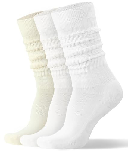 AugRing Womens Slouch Sock Scrunch Socks Retro Knee High Socks Soft Stack Chunky Cozy Boot Socks For Women Size 6-11 (White/White/Beige) | Amazon (US)