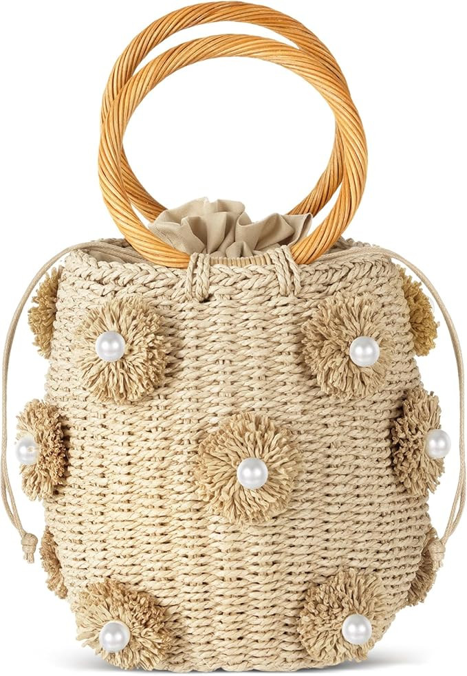 Frienda Summer Straw Bags for Women - Beach Drawstring Straw Bucket Tote Pearl Flower Diamond Rat... | Amazon (US)