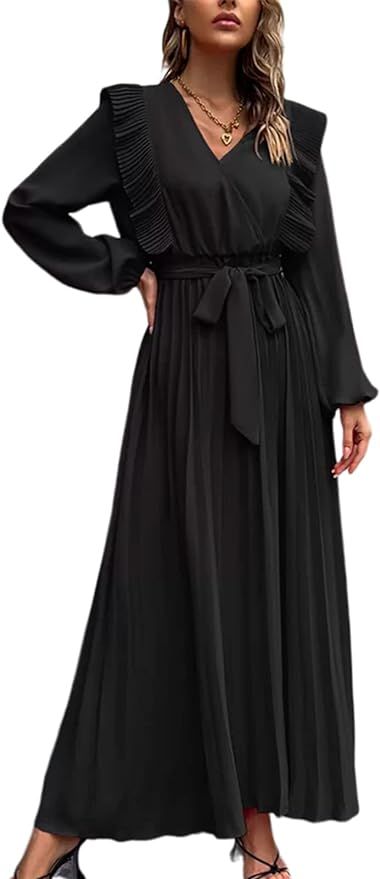 SOMLIZ Womens Casual Dress Ruffle Long Sleeve V Neck A-Line Maxi Dress with Belt | Amazon (US)