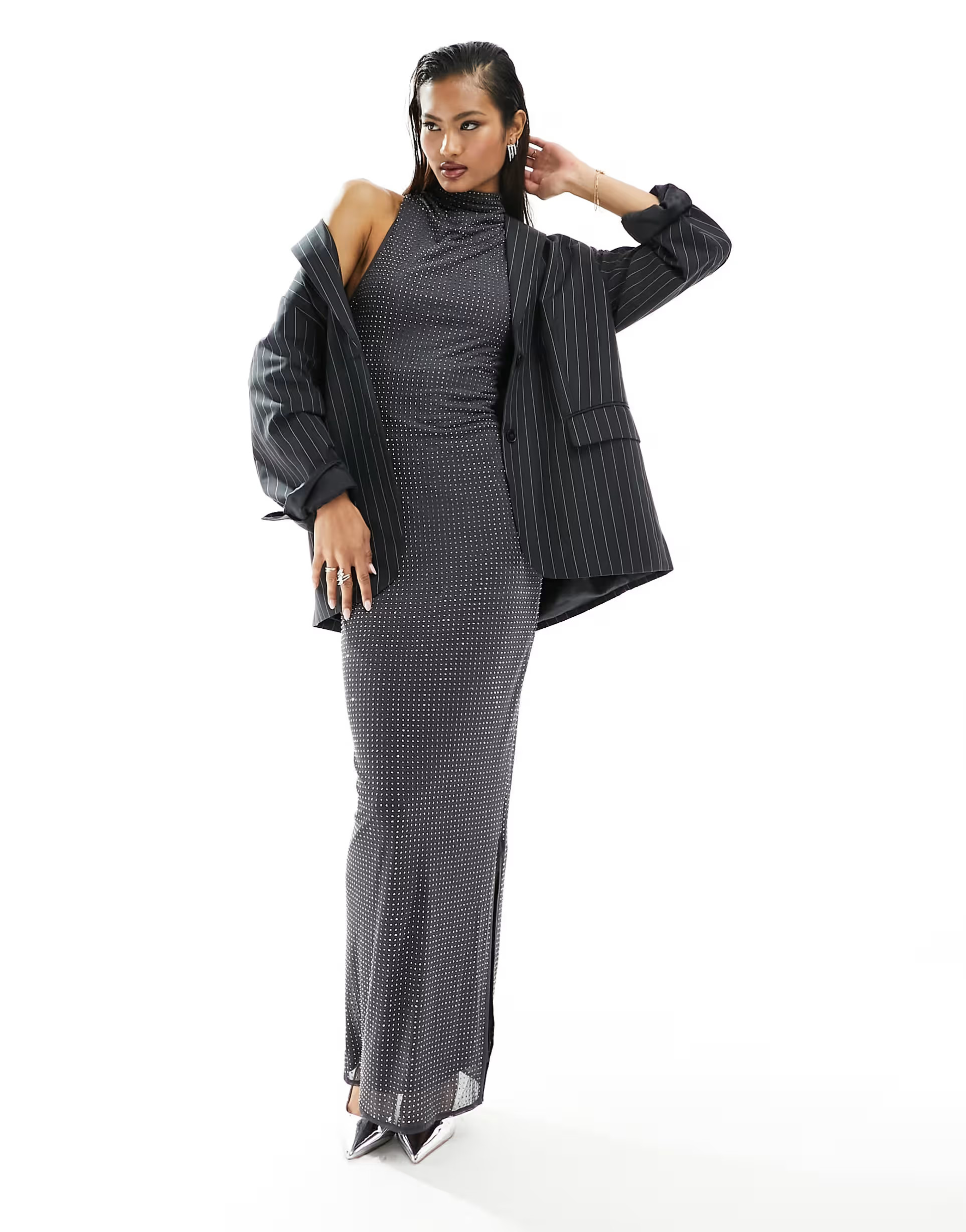 ASOS DESIGN hotfix embellished halter maxi dress in charcoal | ASOS (Global)