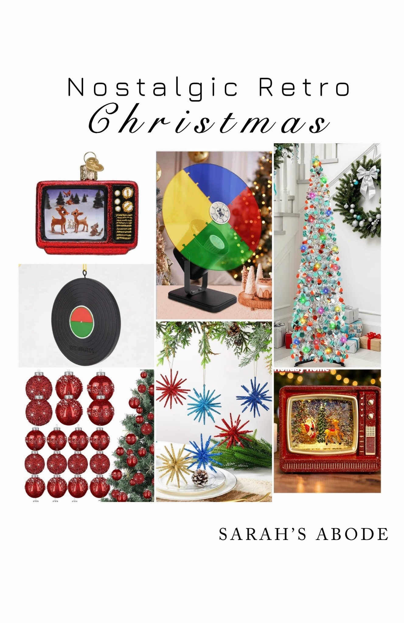 Nostalgic retro Christmas! Mid-century Christmas ornaments with vintage tv, vinyl record, tinsel tree, starbursts, Sputnik, Christmas tree color wheel  

#LTKHome #LTKHoliday #LTKSeasonal