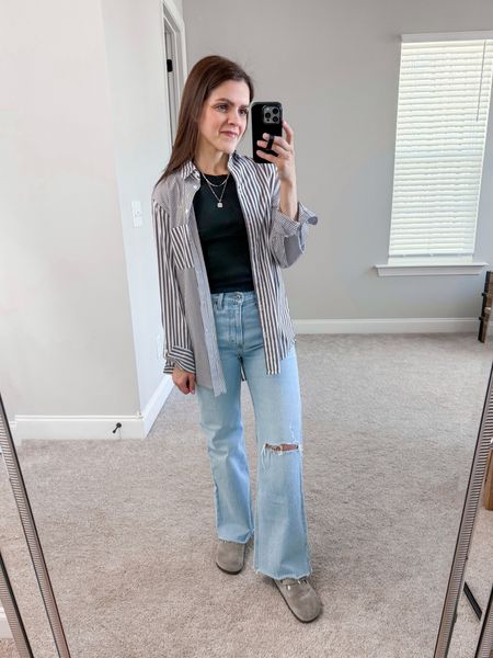 Sunday casual fit | striped button down (old - linked similar as it’s a great staple to have in closet), cropped high neck tank, high rise 90s jeans (tts), Birkenstocks 

#LTKstyletip