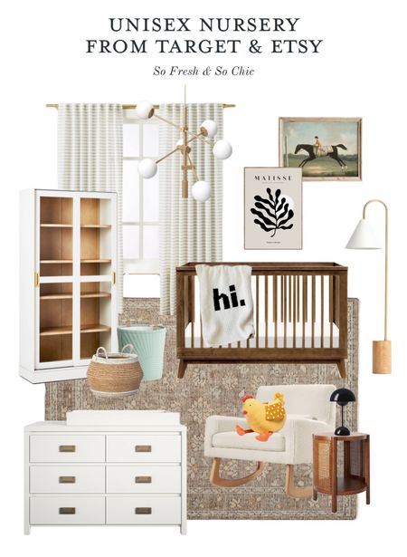 Adorable unisex nursery design mood board from Target and Etsy! 
-
Affordable nursery decor - nursery furniture - dark brown wood crib Babyletto - threshold floor lamp - vintage horse art - Matisse print art - digital printable art - Etsy affordable art - Studio McGee promontory glass door cabinet - traditional neutral rug - boucle nursery rocking chair - stuffed chicken toy - quilted toy basket - large woven basket - striped curtains Hearth and Hand - affordable curtains - white campaign dresser nursery - nursery furniture - white Sputnik chandelier - Hi knitted baby blanket - modern nursery - affordable nursery  furniture - kids room decor - toddler room decor - neutral nursery - neutral kids room - girl nursery - boy nursery - gender neutral nursery 

#LTKbaby #LTKhome #LTKkids