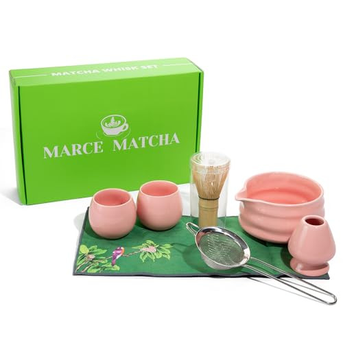 Marce Matcha Whisk Set- Matcha Set includes Matcha Whisk and Bowl (Matcha Bowl with Spout), Matcha Sifter, Matcha Whisk Holder and Matcha Scoop- The Perfect Bamboo Whisk for Matcha Tea (Pink) | Amazon (US)