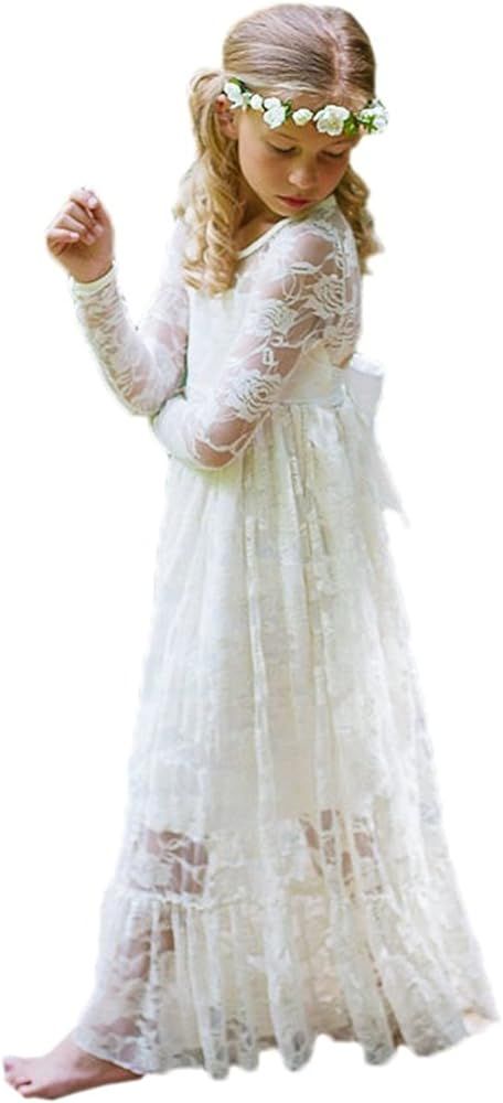Fancy Ivory White Lace Flower Girl Dress Boho Rustic First Communion Gowns | Amazon (US)