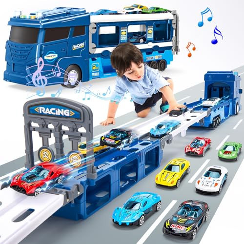 hahaland Toys for 2 Year Old Boy Birthday Gift - 2 in 1 Car Carrier Transforms into Race Tracks with Dual Launcher Toys for Ages 2-4 Boys - 2-5 Year Old Boy Birthday Gift | Amazon (US)