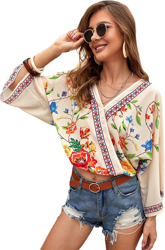 MakeMeChic Women's Boho V Neck Floral Print Long Sleeve Wrap Blouse Top | Amazon (US)