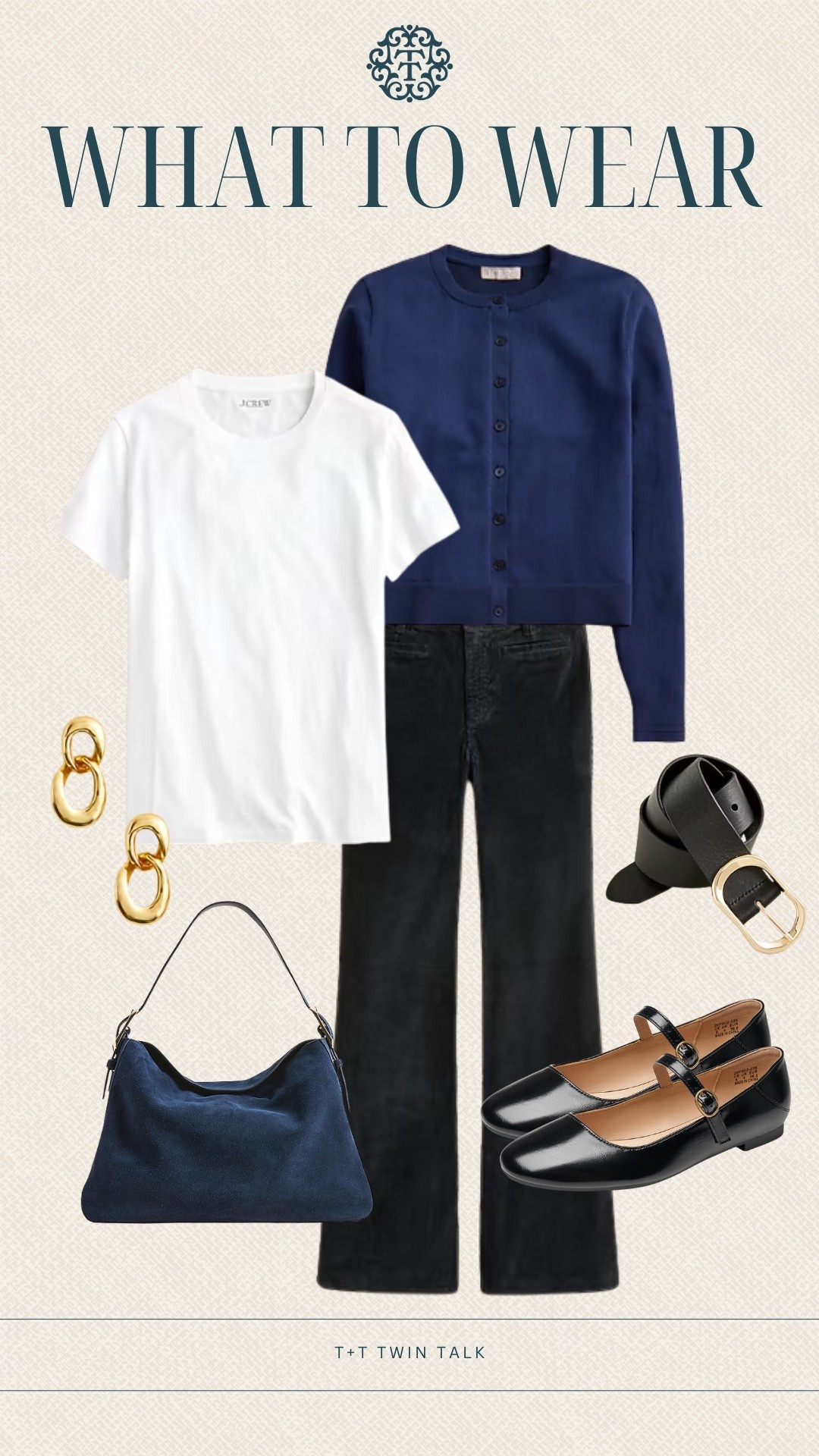 Transitioning from summer to fall with your closet? Here is what to wear while we are waiting for the leaves to change colors! A simple white tee and black pants with a dark navy cardigan from J.Crew! Paired with a navy suede purse and black Mary Jane’s to complete the look. 

#LTKOver40 #LTKStyleTip #LTKSeasonal