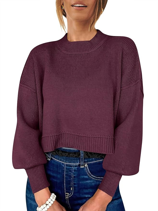 ANRABESS Womens Cropped Sweaters Oversized Crewneck Long Batwing Sleeve Side Slit Ribbed Knit Pul... | Amazon (US)