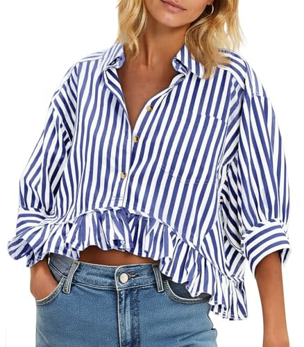 Cicy Bell Womens Cropped Striped Button Down Shirts Ruffle 3/4 Length Sleeve Summer Tops Dressy Casual Blouses Navy | Amazon (US)