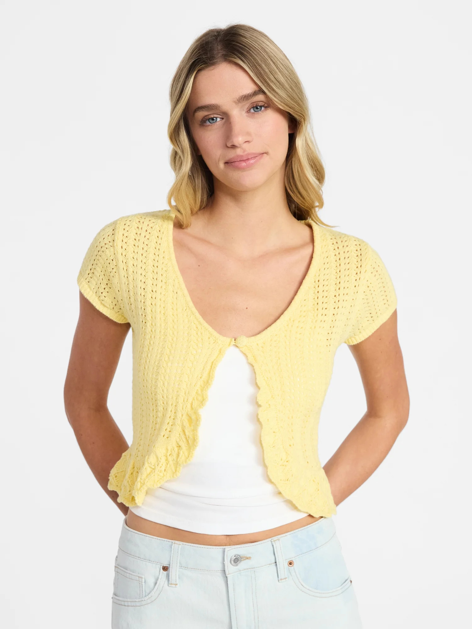 No Boundaries V-Neck Pointelle Cardigan with Short Sleeves, Women's XXS-XXL | Walmart (US)