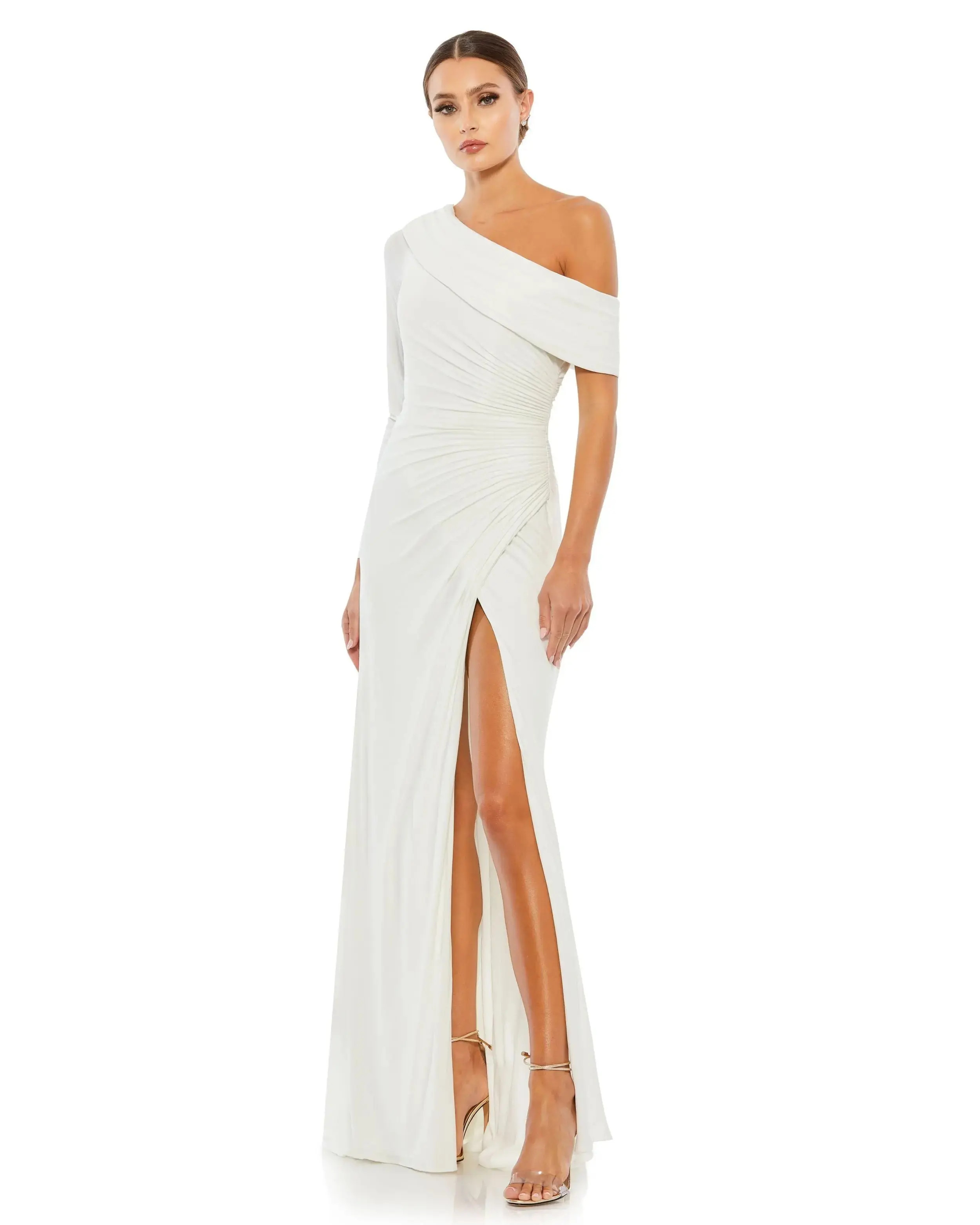 White Ruched Jersey Drop Shoulder Foldover Gown - Mac Duggal | Mac Duggal
