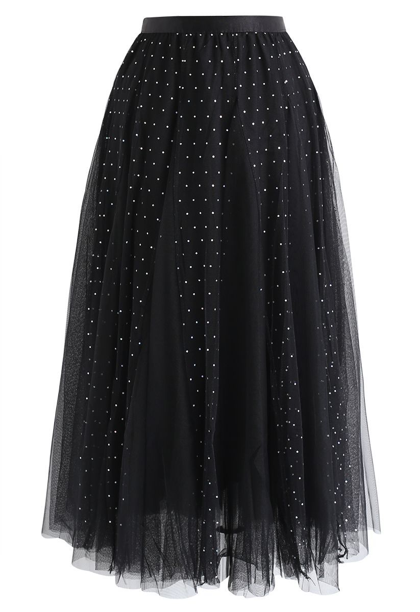 Sequined Double-Layered Mesh Tulle Midi Skirt in Black | Chicwish