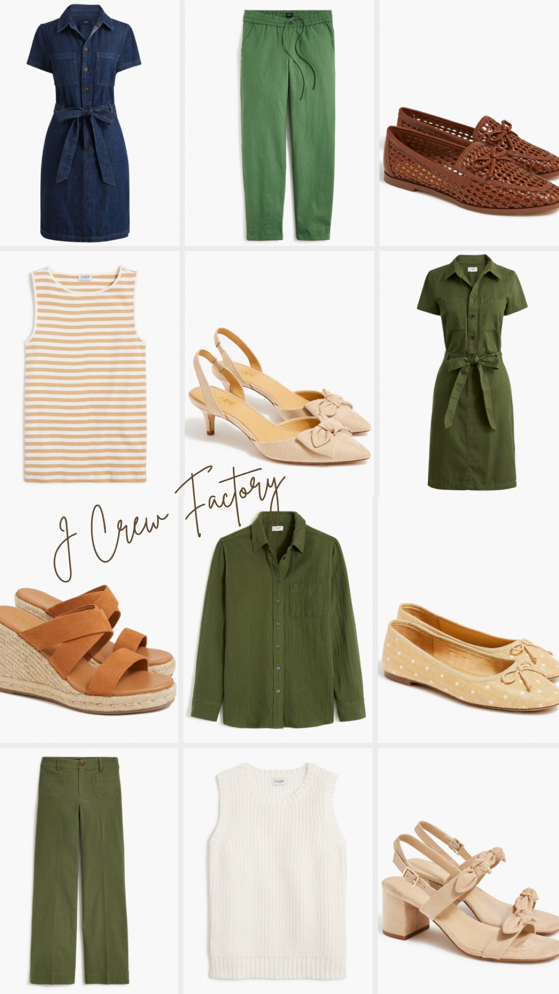 JCrew factory new spring arrivals for autumns, olive green utility mini dress, dark denim dress, tie waist dress, business casual, mom style, classic style, pointed toe slingback shoes with bow, linen drawstring pant, striped shell tank top, gauze button up shirt, woven Mary Jane’s, woven ballet flats, polka dot ballet flats, woven bow loafers, vacation, resort, spring break, espadrille mule wedge, wide leg chino, raffia, workwear, tall sizes, petite

#LTKshoecrush #LTKfindsunder100 #LTKworkwear