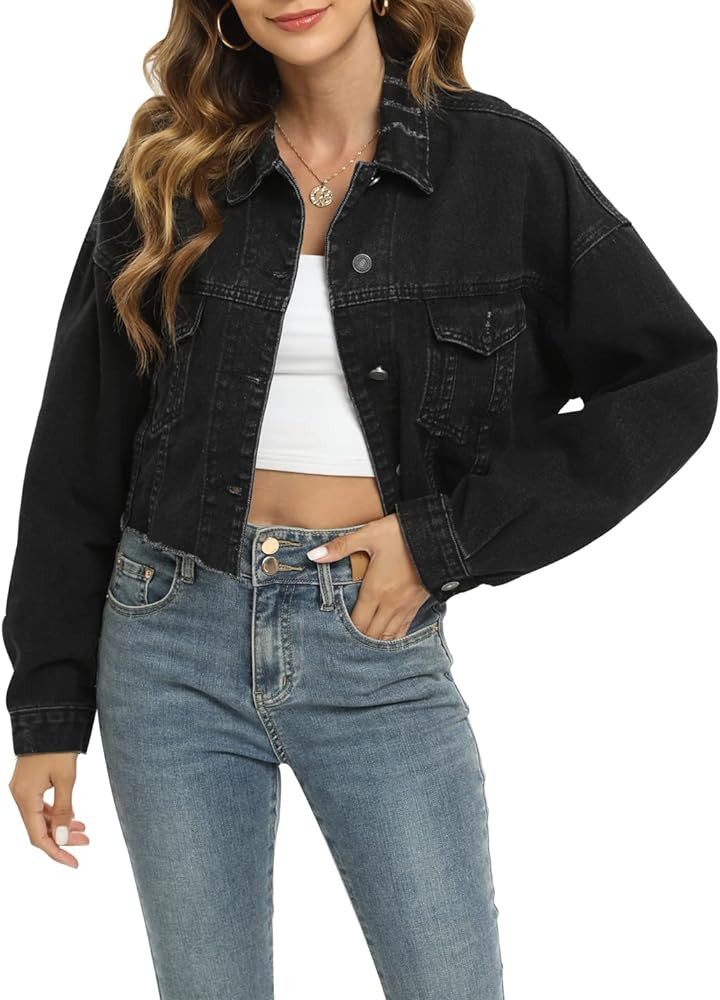 Gacaky Womens Casual Solid Color Ripped Distressed Cropped Denim Jean Jacket Coat With Frayed Hem | Amazon (US)