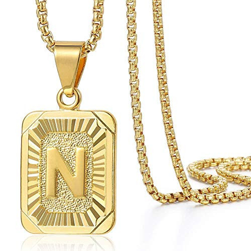 Trendsmax Initial Letter Pendant Necklace for Mens Womens Gold Plated Letter N Pendant Necklace Stainless Steel Box Link Chain 22inch | Amazon (US)