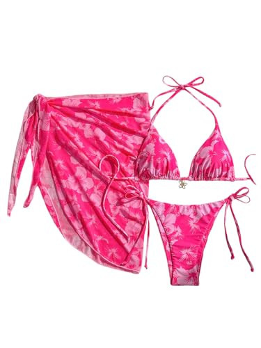 Verdusa Women's 3 Piece Floral Halter Triangle Bikini Set Tie Back Swimsuit with Cover Up Skirt Summer Vacation Outfits Hot Pink X-Small | Amazon (US)