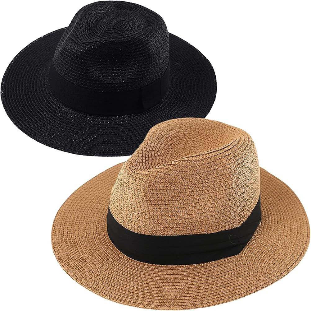 2-Pack Beach Hats for Women Summer Straw Sun Hats Women's Wide Brim Fedora Hat UV Protection Fash... | Amazon (US)