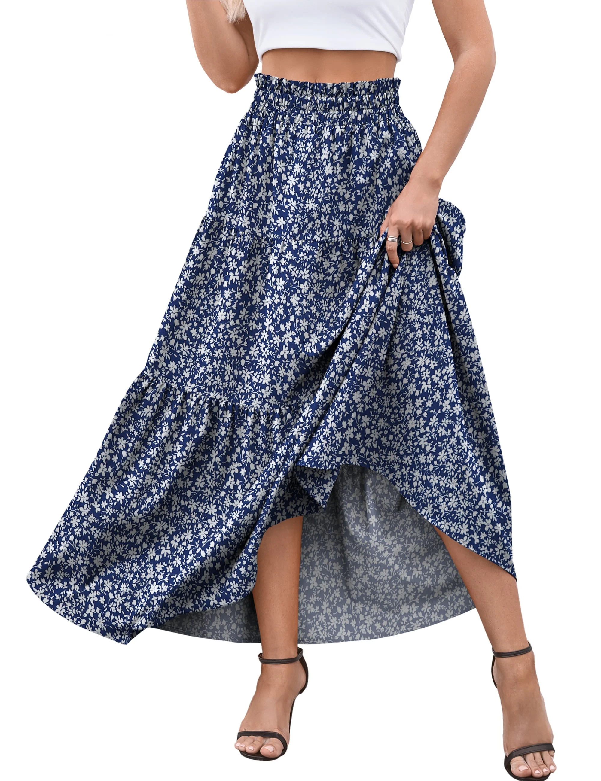 a.Jesdani Womens Maxi Skirts Casual Elastic High Waist Swing Tiered Beach Maxi Skirt s-xxl | Walmart (US)