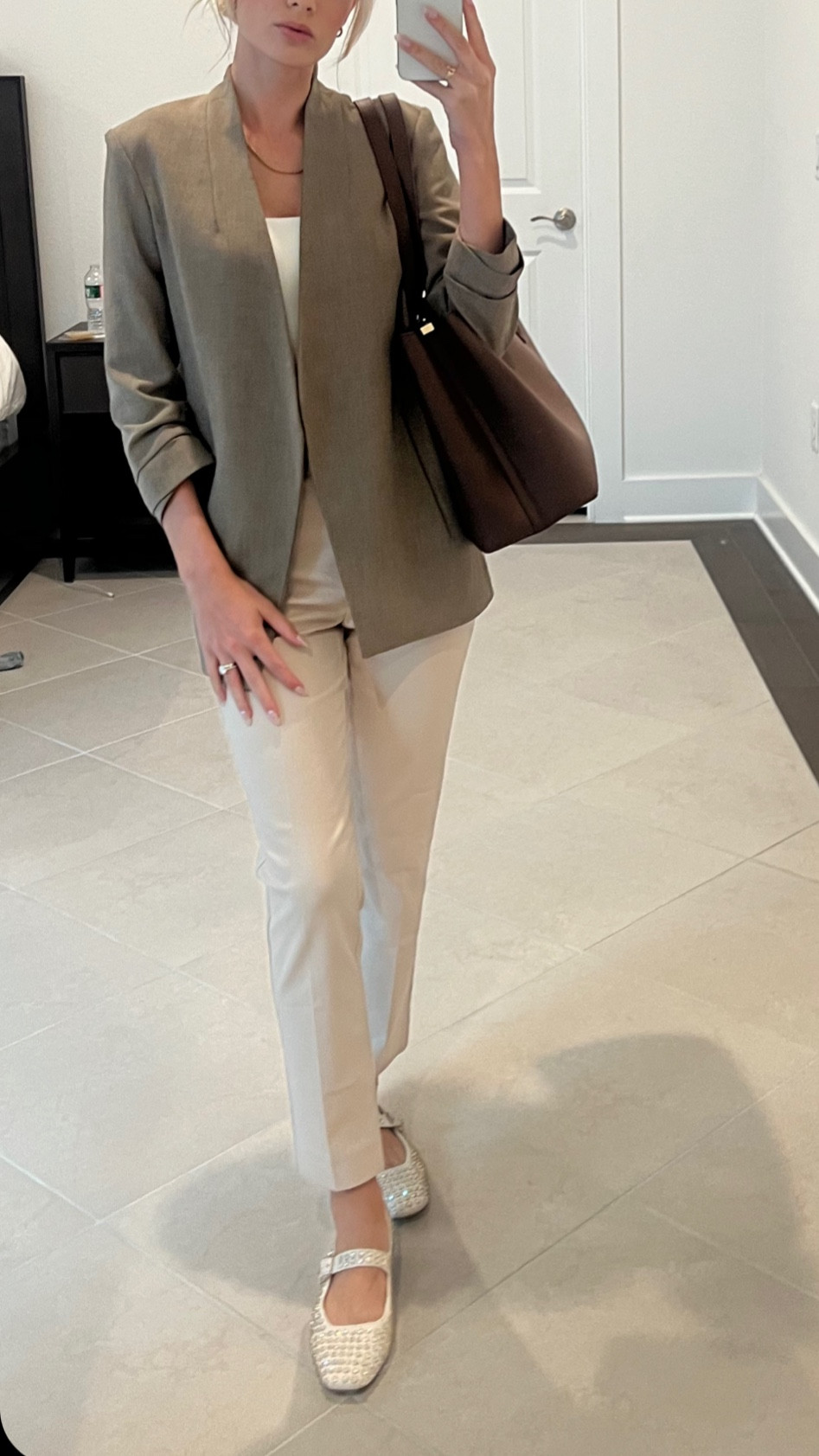 Work outfit. Attorney offered. Business casual. Lawyer outfit. Lol. School outfit. Sparkly Mary Jane shoes. Beige suit pants. White bodysuit. Nordstrom. Aritzia. And Taylor. Jeffrey Campbell. Work bag. Brown work bag. Blazer. 

#LTKStyleTip #LTKShoeCrush #LTKWorkwear