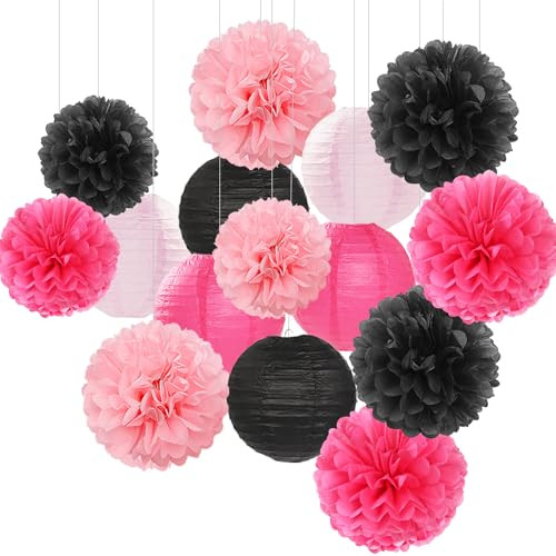 Hot-Pink Black Party-Decorations Paper Flowers Lanterns - 15PCS Graduation Birthday Tissue Pom Poms Streamers,Baby Girl Women Bachelorette Hanging Supplies Decor Hugfond | Amazon (US)