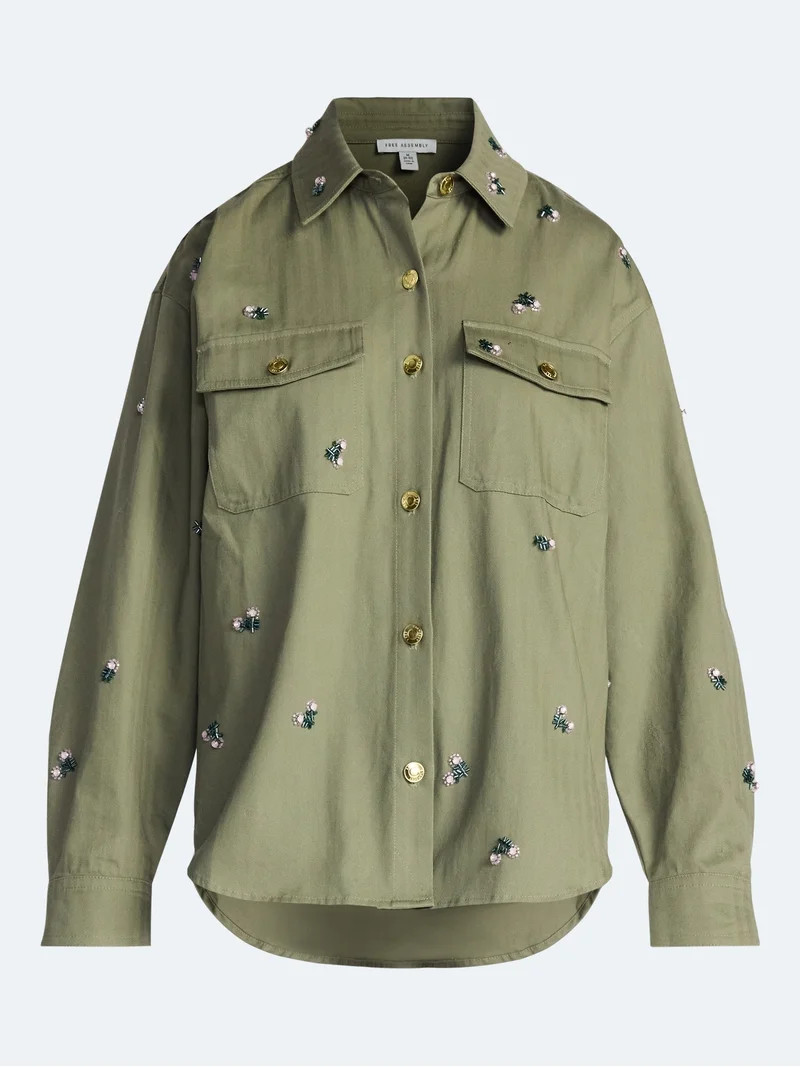 Free Assembly Women's and Women's Plus Embellished Cotton Utility Shirt with Long Sleeves, Sizes ... | Walmart (US)