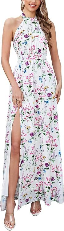 Women 2024 Summer Boho Floral Sexy Split Backless Tie Sleeveless Flowy A Line Beach Vacation Maxi... | Amazon (US)
