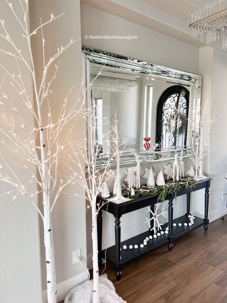 Winter christmas holiday entryway table mirror birch trees garland lights home decor furniture at Modern Farmhouse Glam

#LTKSeasonal #LTKsalealert #LTKhome