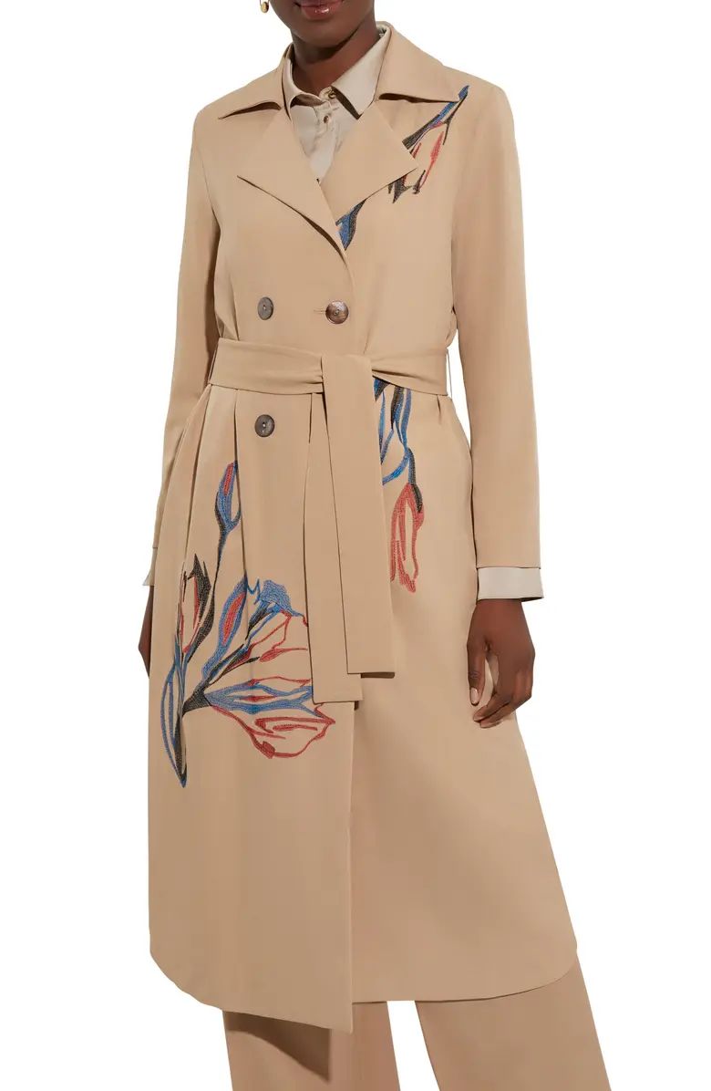 Misook Floral Embroidered Belted Double Breasted Trench Coat | Nordstromrack | Nordstrom Rack