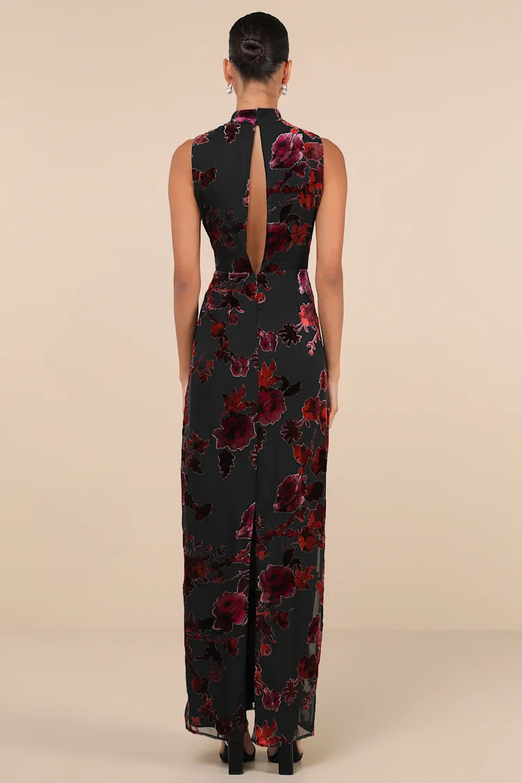 Composed Glamour Red and Black Burnout Velvet Maxi Dress | Lulus