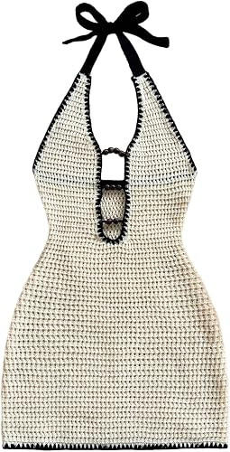 GORGLITTER Women's Crochet Halter Mini Dress Summer Vacation Outfits Beaded Tie Backless Knit Dre... | Amazon (US)
