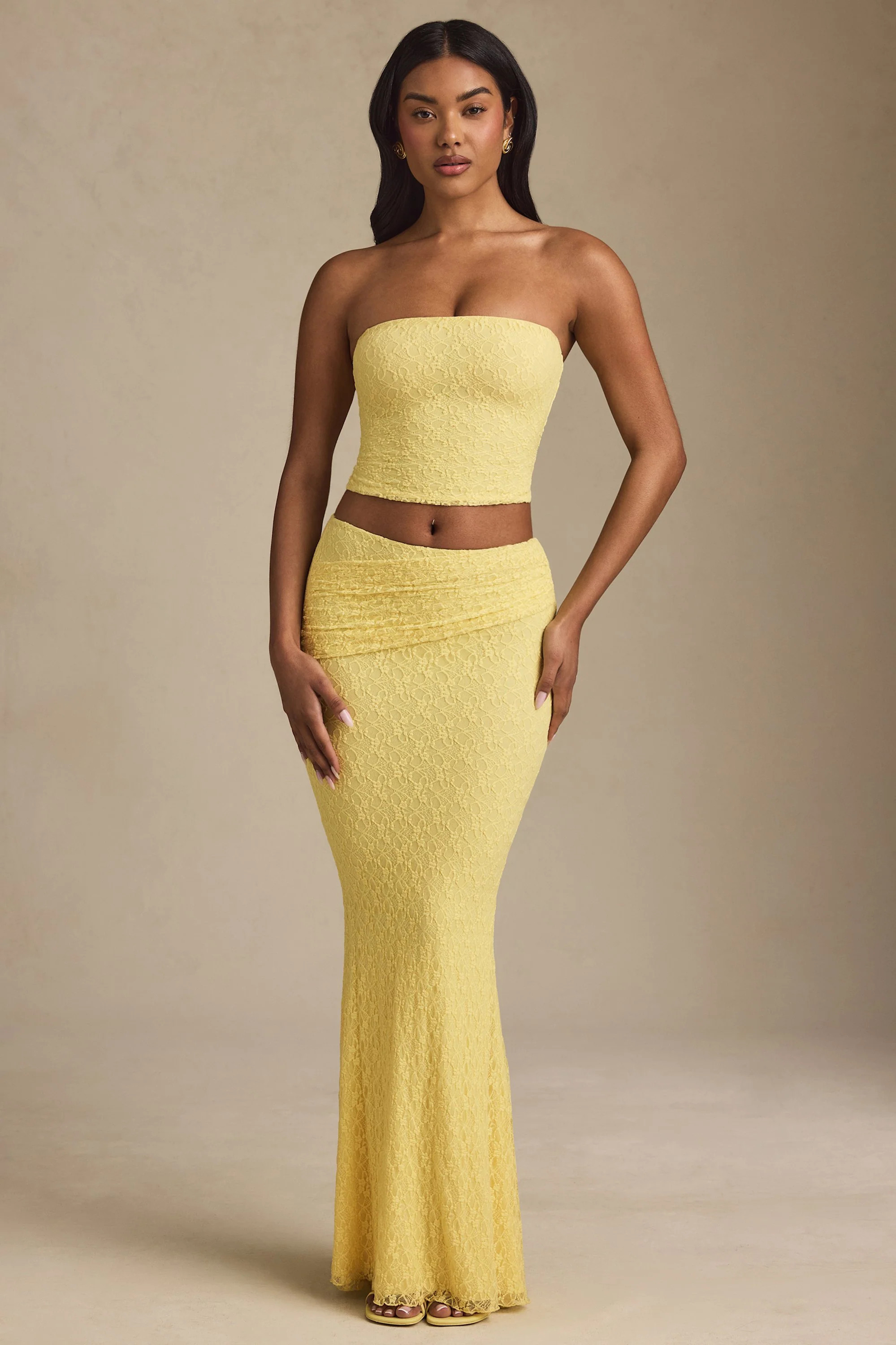 Draped Low-Rise Lace Maxi Skirt in Pastel Yellow | Oh Polly