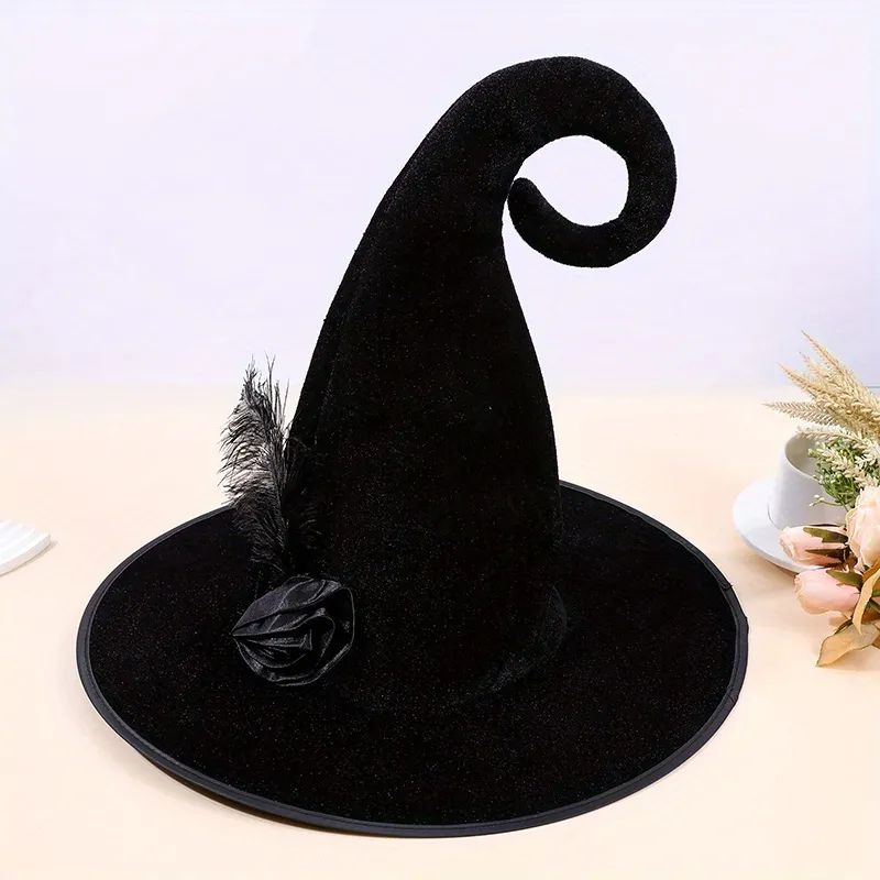 Black Halloween Hat Feather Flower Decor Prom Party Performance Hat For Women Velvet Magician Hat... | Temu Affiliate Program