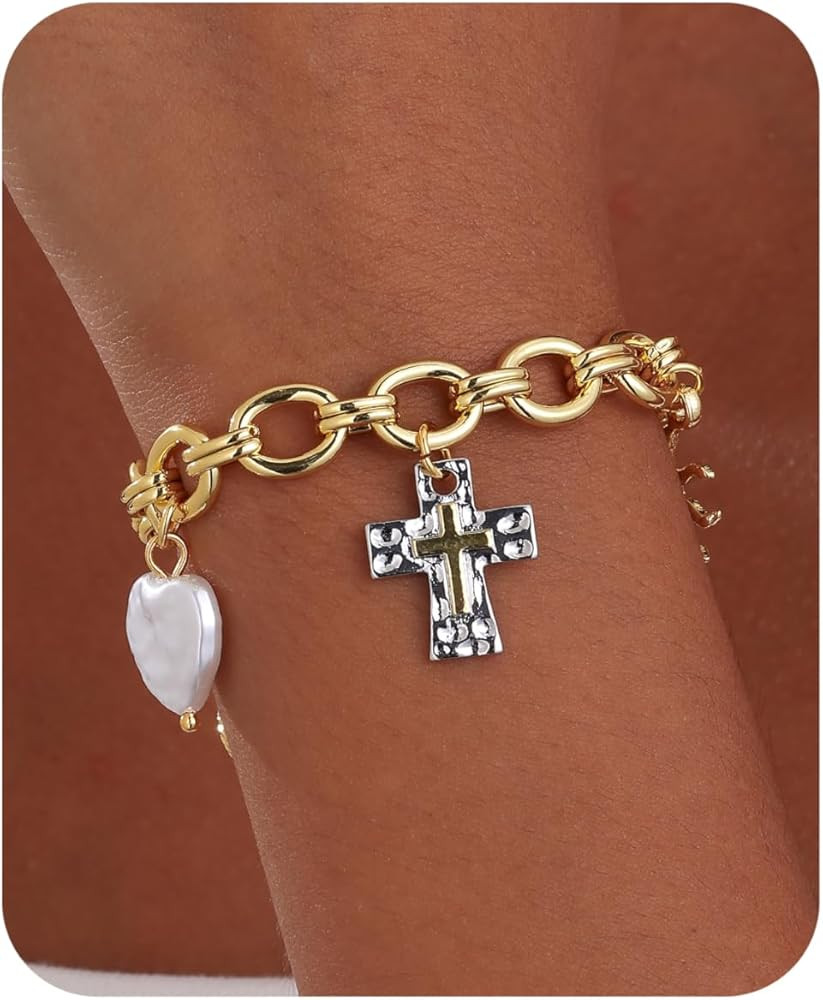 Chunky Charm Bracelet For Women Cross Pearl Seashell Bracelets Shell Starfish Beach 14K Gold Plat... | Amazon (US)