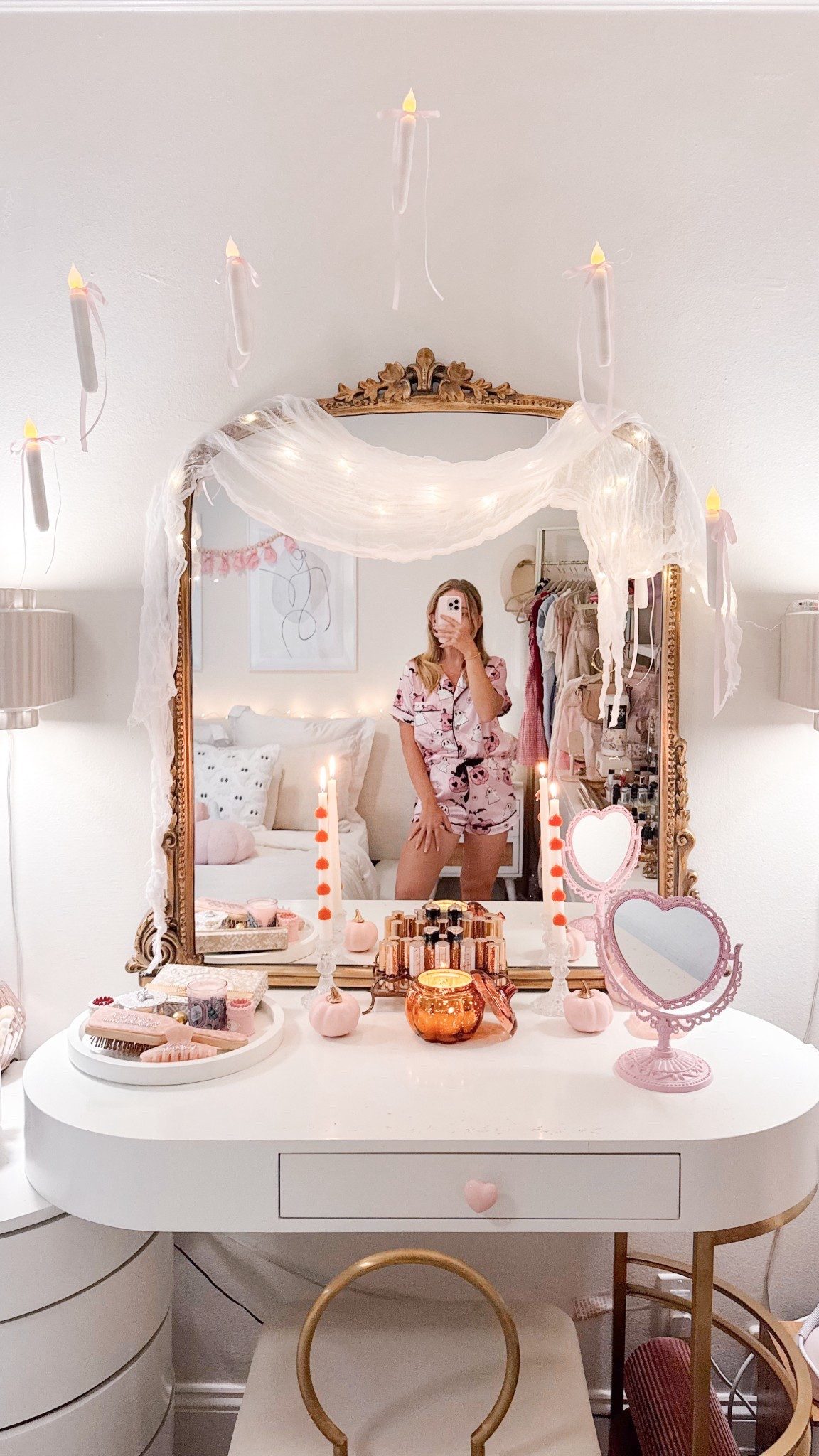 welcome to my fall bedroom makeover - it’s pink, spooky & cozy all at once 🎀👻✨ i love all the soft girly vibes with just the right amount of ghostly magic 🕯️🌸 

because who says fall decor has to be orange + black when it can be pink & spooky instead? ✨💕

🕯️🌸 🎀👻✨ 
 #falldecor #falldecorideas #falldecorating #fallhomedecor #halloweendecor #pinkhomedecor #girlyaesthetic #pinkaesthetic #spookyseason #fallhomemakeover #pinterestaesthetic #pinterestinspired #pinterestinspo #pinkoween 

#LTKHalloween #LTKFallSale #LTKHome