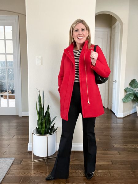 Black stripe top with bell sleeves runs oversized. Spanx hi-rise flare pants. Run snug! Size up at least one size. This red coat with longlines is perfection for the holidays. Coat runs slightly large. And strappy heels. Heels run tts.

#LTKsalealert #LTKstyletip #LTKshoecrush