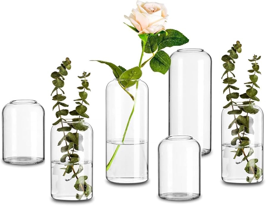 Glasseam Clear Glass Bud Vase, Set of 6 Modern Cylinder for Centerpieces, Blown Craft Aesthetic D... | Amazon (US)