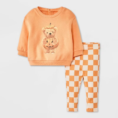 Baby 2pc Teddy Bear Halloween Pumpkin Pullover & Checkered Bottom Set - Orange 0-3M | Target