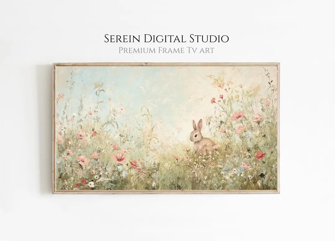 Pastel Bunny Watercolor Frame Tv Art | Vintage Easter Decor | Cottagecore Spring Downloadable Wal... | Etsy (US)