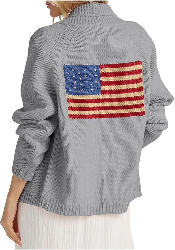 Women's American Flag Cardigan Long Sleeve Shawl Collar Button Down Fall Chunky Knit Varsity Swea... | Amazon (US)