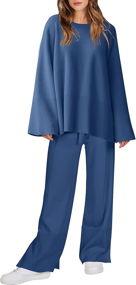 ANRABESS Women 2 Piece Outfits Sweatsuit Oversized Knit Pullover and Drawstring Wide Leg Pants Sweat | Amazon (US)