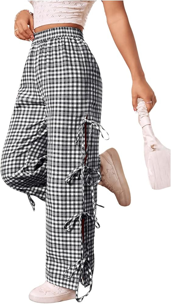 Floerns Women's Gingham Print Elastic Waist Slit Tie Sides Straight Leg Pants | Amazon (US)